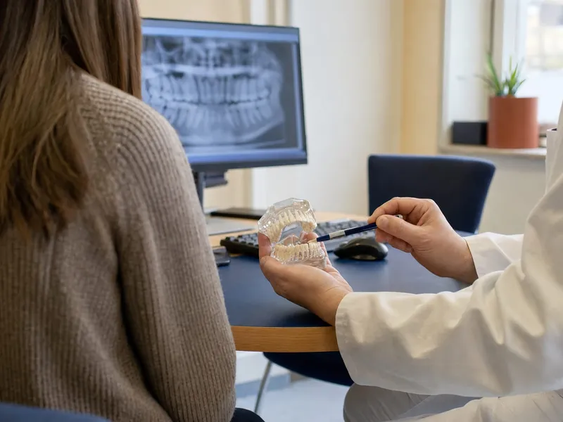 Zahnarzt im weißen Kittel erklärt einer Patientin mit einem Gebissmodell und Stift die Behandlung, im Hintergrund ein Röntgenbild am Monitor.